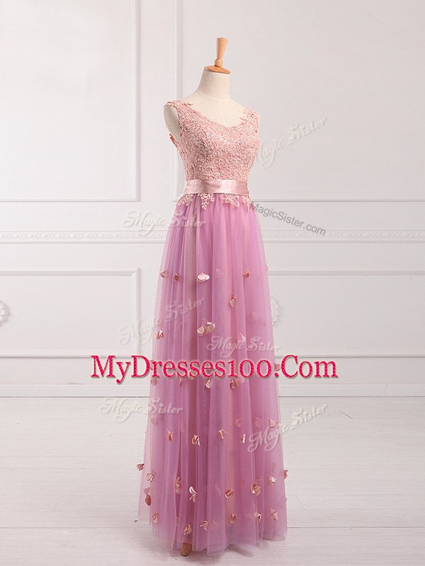 Sleeveless Tulle Floor Length Lace Up Quinceanera Dama Dress in Lilac with Lace and Appliques