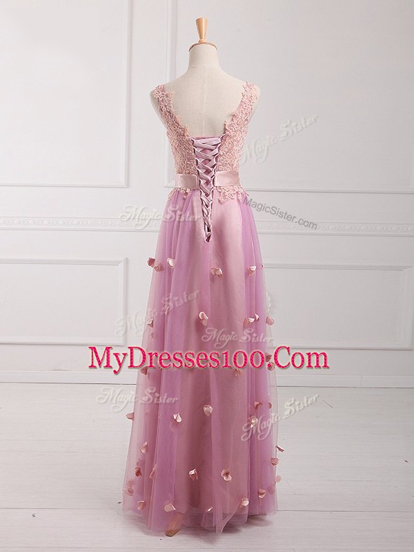 Sleeveless Tulle Floor Length Lace Up Quinceanera Dama Dress in Lilac with Lace and Appliques