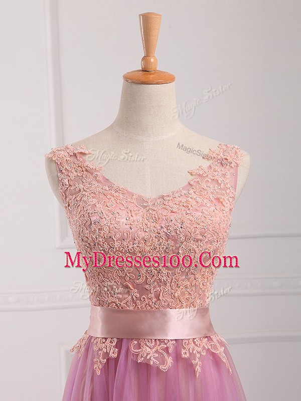 Sleeveless Tulle Floor Length Lace Up Quinceanera Dama Dress in Lilac with Lace and Appliques