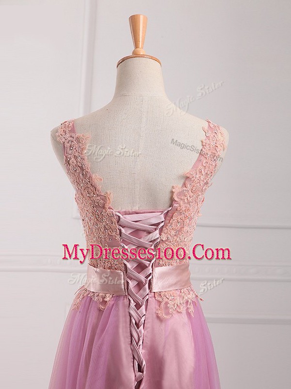 Sleeveless Tulle Floor Length Lace Up Quinceanera Dama Dress in Lilac with Lace and Appliques