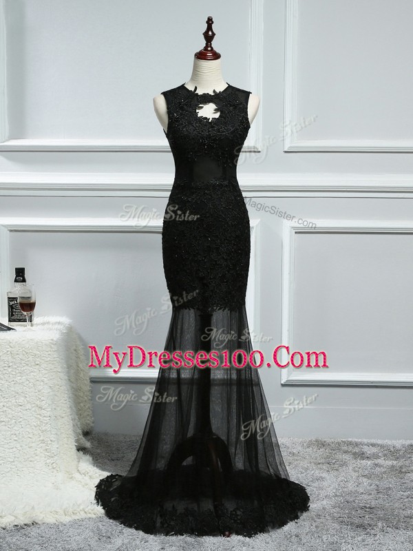 Glittering Black Scoop Backless Lace and Appliques Dress for Prom Brush Train Sleeveless
