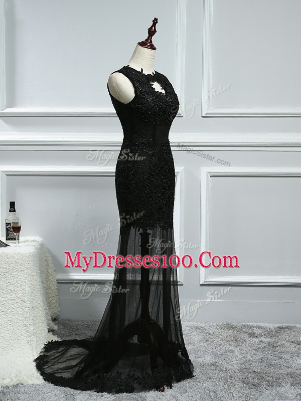 Glittering Black Scoop Backless Lace and Appliques Dress for Prom Brush Train Sleeveless