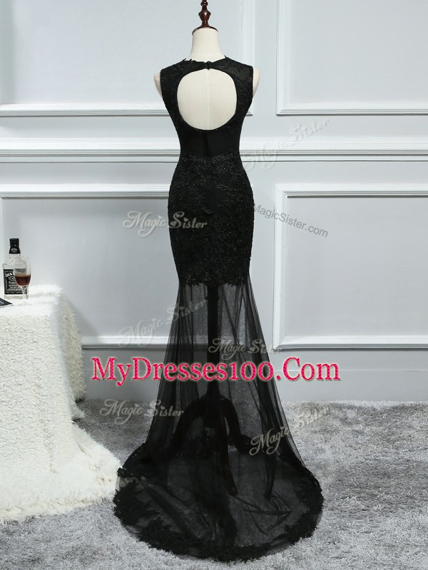 Glittering Black Scoop Backless Lace and Appliques Dress for Prom Brush Train Sleeveless