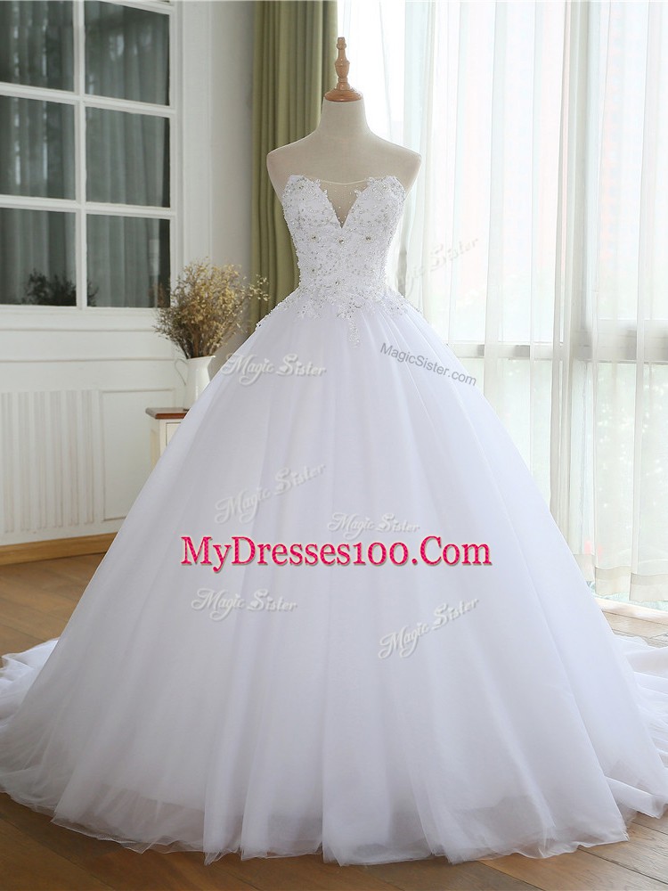 High Quality White Wedding Dresses Tulle Court Train Sleeveless Lace and Appliques