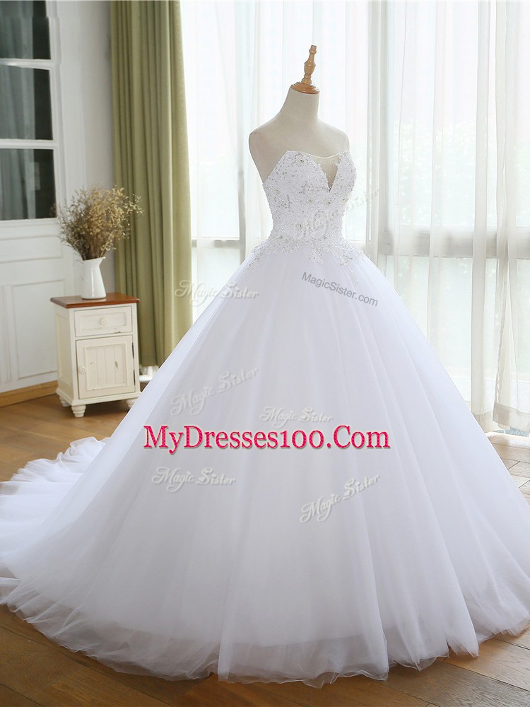 High Quality White Wedding Dresses Tulle Court Train Sleeveless Lace and Appliques