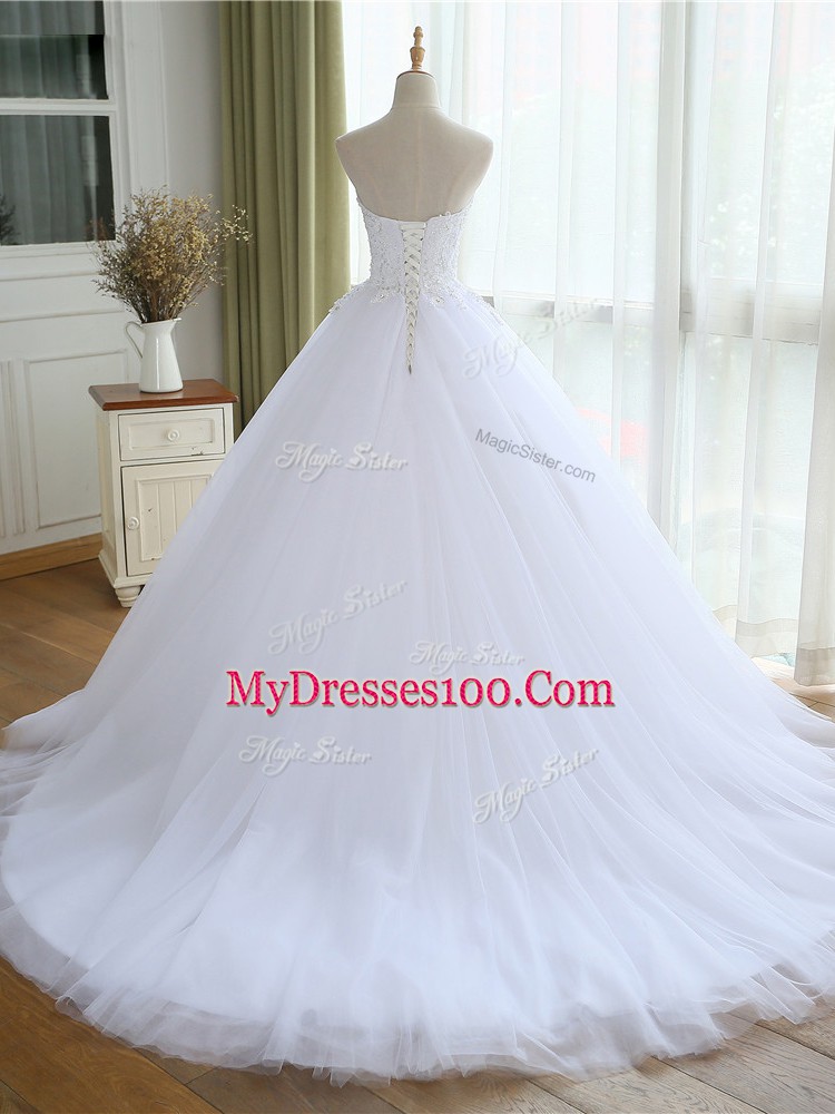 High Quality White Wedding Dresses Tulle Court Train Sleeveless Lace and Appliques