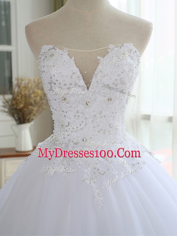 High Quality White Wedding Dresses Tulle Court Train Sleeveless Lace and Appliques