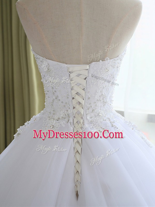 High Quality White Wedding Dresses Tulle Court Train Sleeveless Lace and Appliques