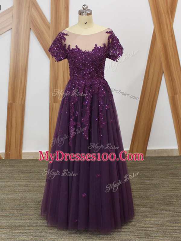 Scoop Short Sleeves Mother Of The Bride Dress Floor Length Lace and Appliques Purple Tulle