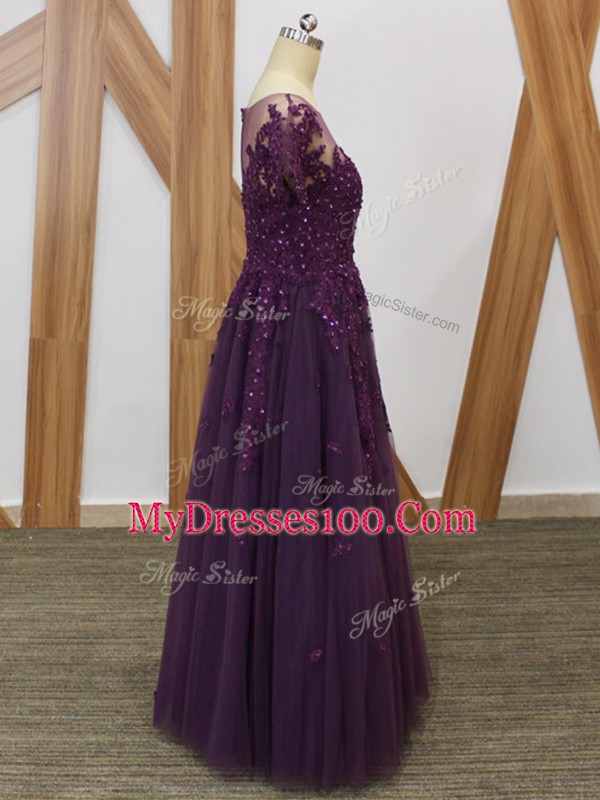 Scoop Short Sleeves Mother Of The Bride Dress Floor Length Lace and Appliques Purple Tulle
