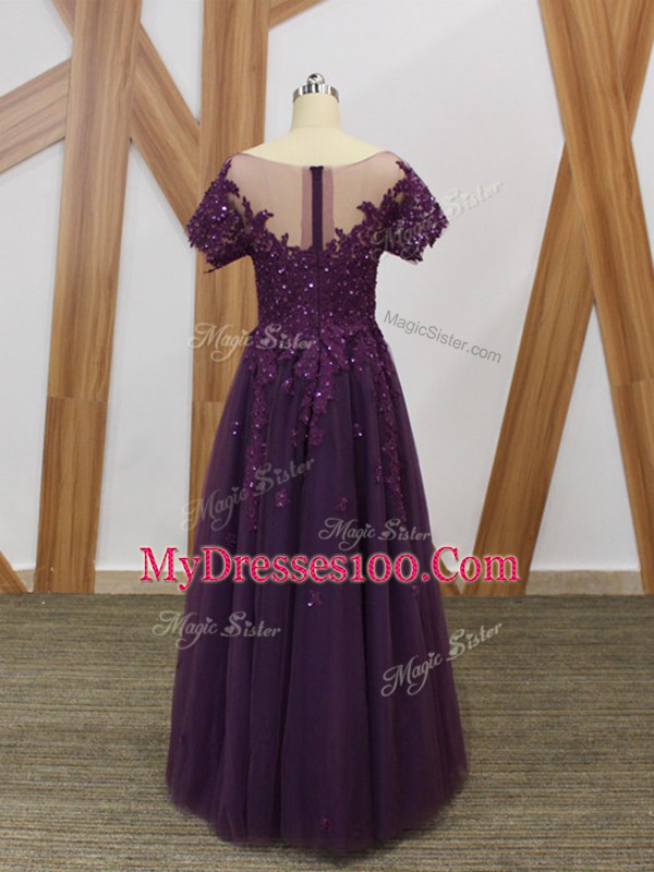 Scoop Short Sleeves Mother Of The Bride Dress Floor Length Lace and Appliques Purple Tulle