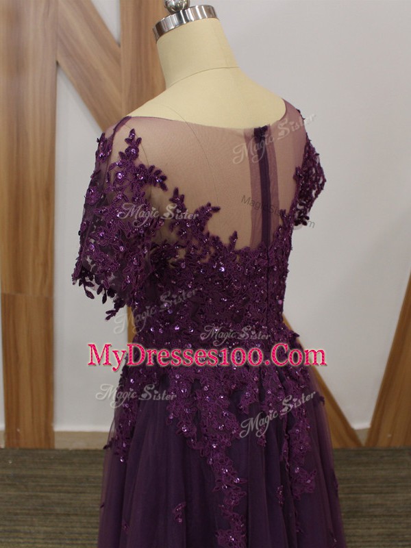 Scoop Short Sleeves Mother Of The Bride Dress Floor Length Lace and Appliques Purple Tulle
