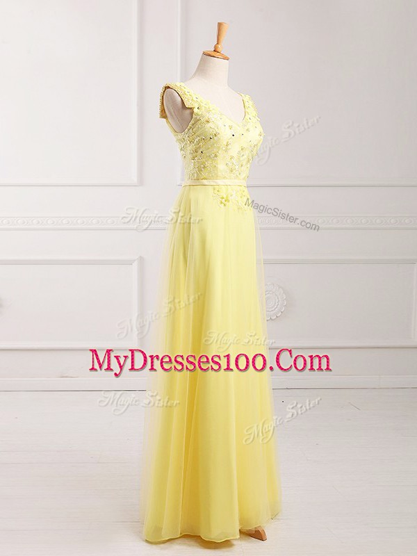 V-neck Sleeveless Zipper Prom Party Dress Yellow Chiffon