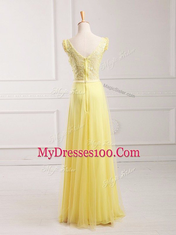 V-neck Sleeveless Zipper Prom Party Dress Yellow Chiffon