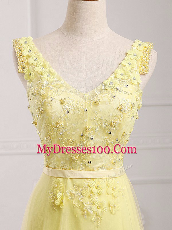 V-neck Sleeveless Zipper Prom Party Dress Yellow Chiffon