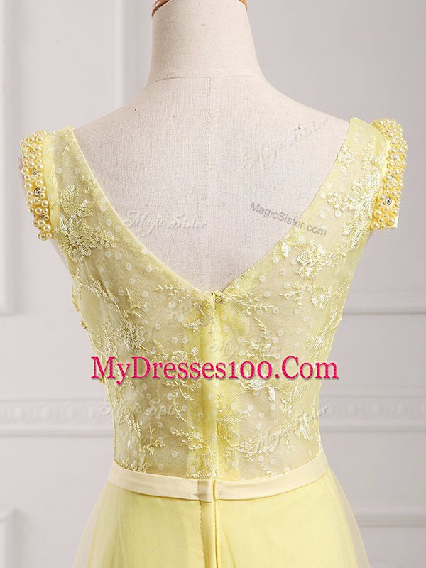 V-neck Sleeveless Zipper Prom Party Dress Yellow Chiffon