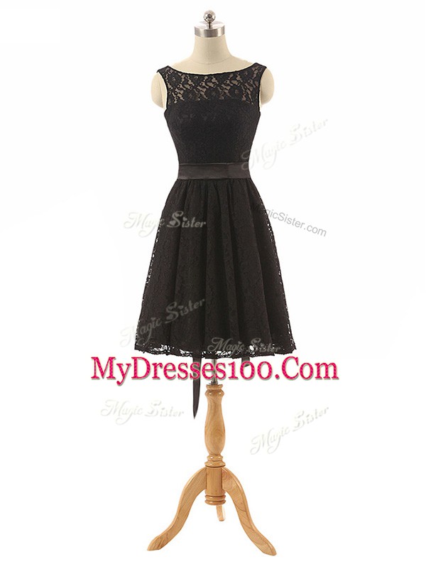 Black Lace Zipper Bridesmaid Dress Sleeveless Mini Length Lace and Belt