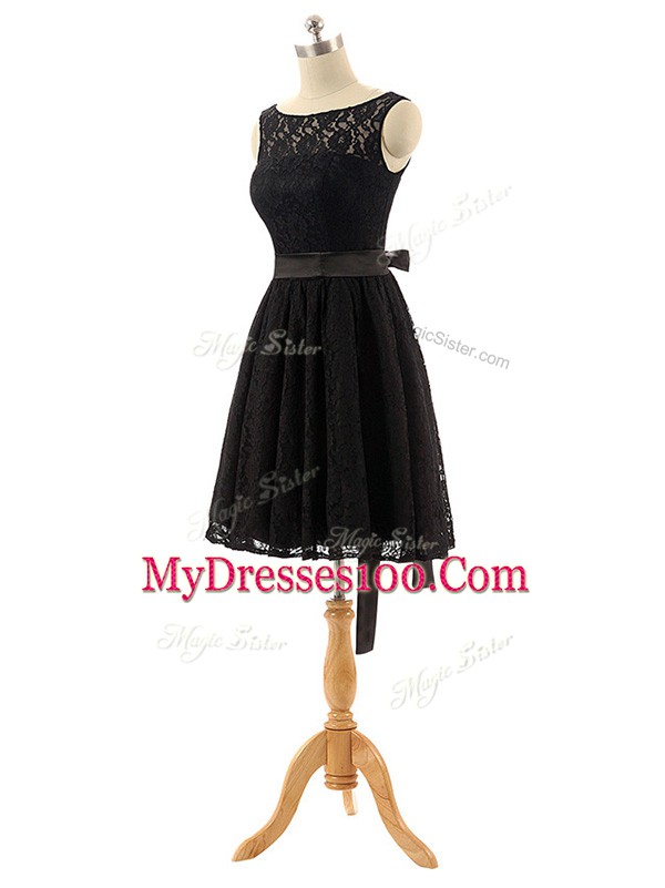 Black Lace Zipper Bridesmaid Dress Sleeveless Mini Length Lace and Belt