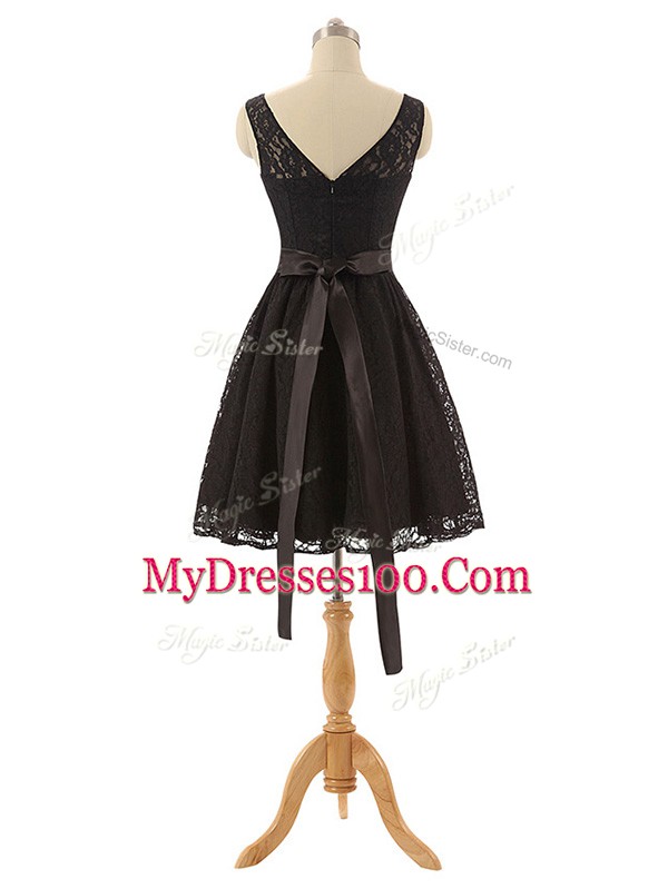 Black Lace Zipper Bridesmaid Dress Sleeveless Mini Length Lace and Belt
