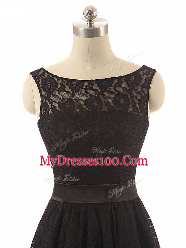 Black Lace Zipper Bridesmaid Dress Sleeveless Mini Length Lace and Belt