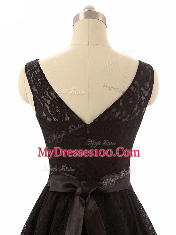 Black Lace Zipper Bridesmaid Dress Sleeveless Mini Length Lace and Belt