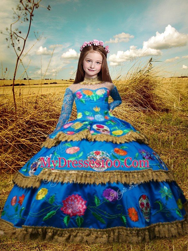 Blue Taffeta Lace Up High-neck Long Sleeves Floor Length Pageant Gowns For Girls Embroidery