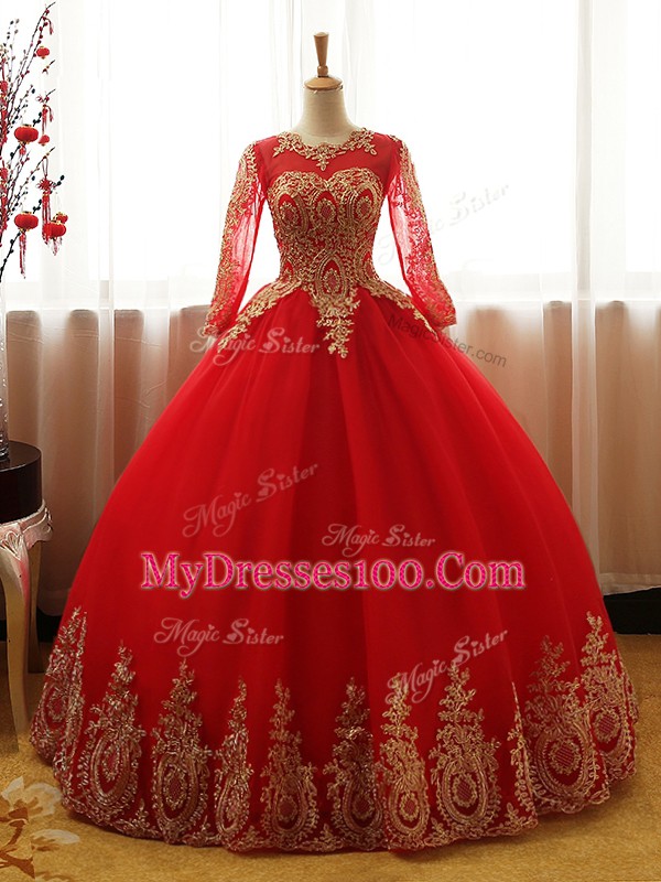 Red Ball Gowns Scoop Long Sleeves Organza Floor Length Lace Up Appliques Ball Gown Prom Dress