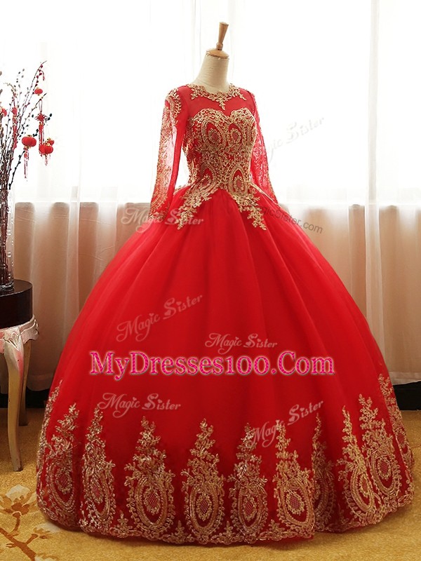 Red Ball Gowns Scoop Long Sleeves Organza Floor Length Lace Up Appliques Ball Gown Prom Dress
