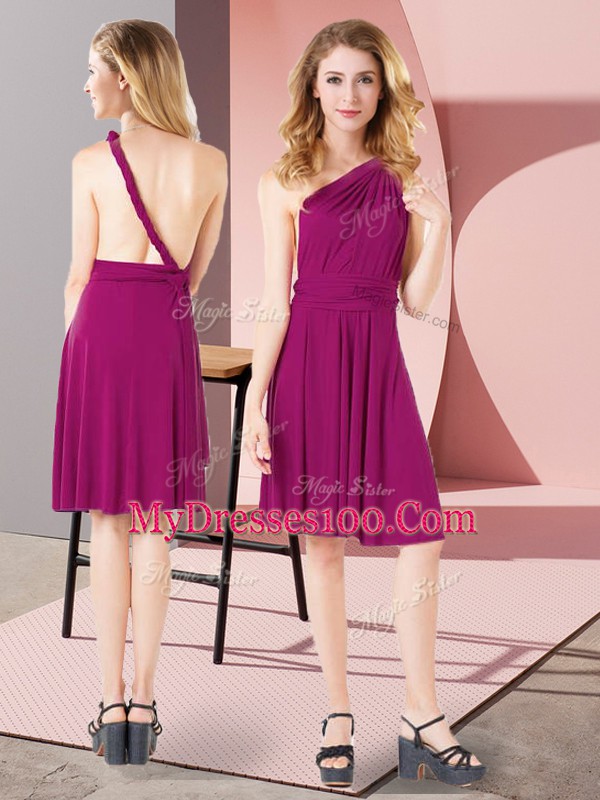 Custom Made Fuchsia Chiffon and Silk Like Satin Criss Cross One Shoulder Sleeveless Mini Length Bridesmaid Dresses Ruching