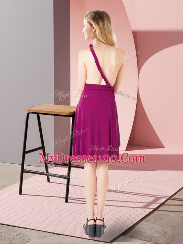 Custom Made Fuchsia Chiffon and Silk Like Satin Criss Cross One Shoulder Sleeveless Mini Length Bridesmaid Dresses Ruching