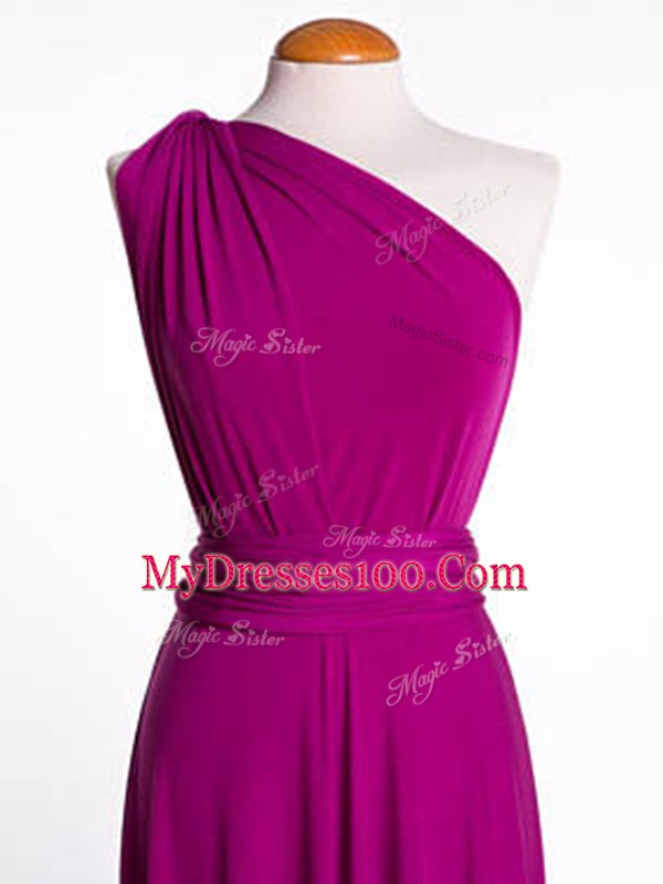 Custom Made Fuchsia Chiffon and Silk Like Satin Criss Cross One Shoulder Sleeveless Mini Length Bridesmaid Dresses Ruching