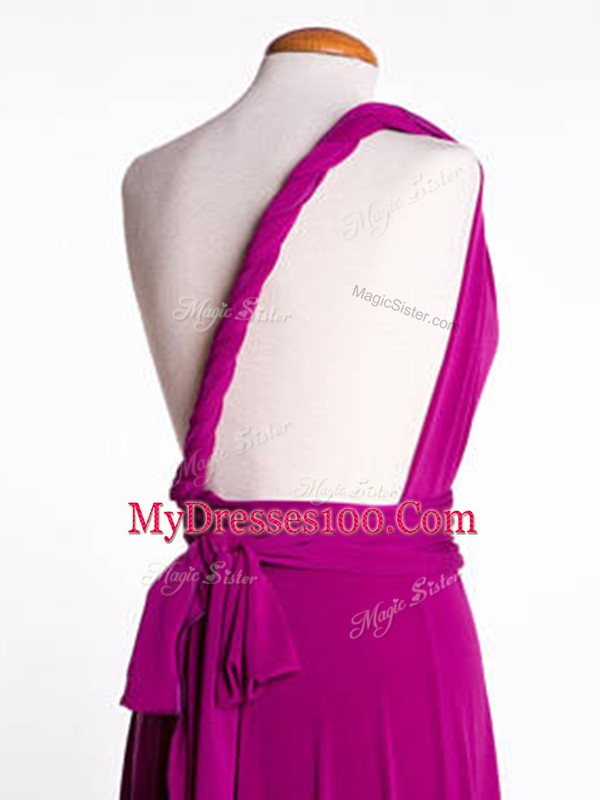 Custom Made Fuchsia Chiffon and Silk Like Satin Criss Cross One Shoulder Sleeveless Mini Length Bridesmaid Dresses Ruching