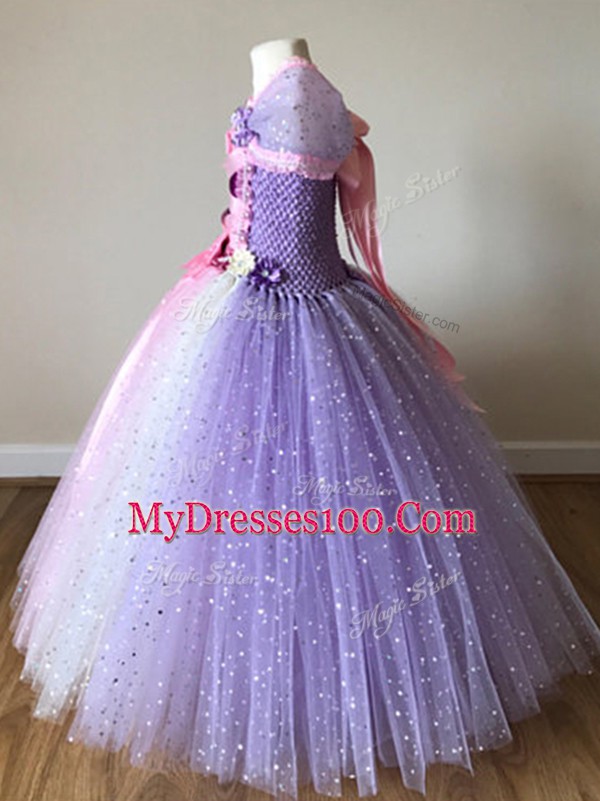 High Class Off The Shoulder Cap Sleeves Little Girls Pageant Dress Wholesale Floor Length Sequins and Bowknot Multi-color Tulle