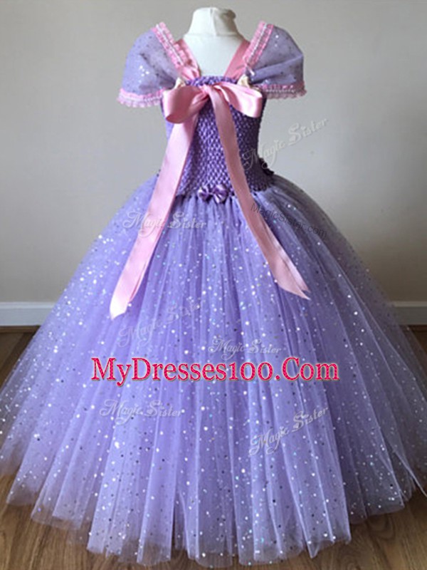 High Class Off The Shoulder Cap Sleeves Little Girls Pageant Dress Wholesale Floor Length Sequins and Bowknot Multi-color Tulle