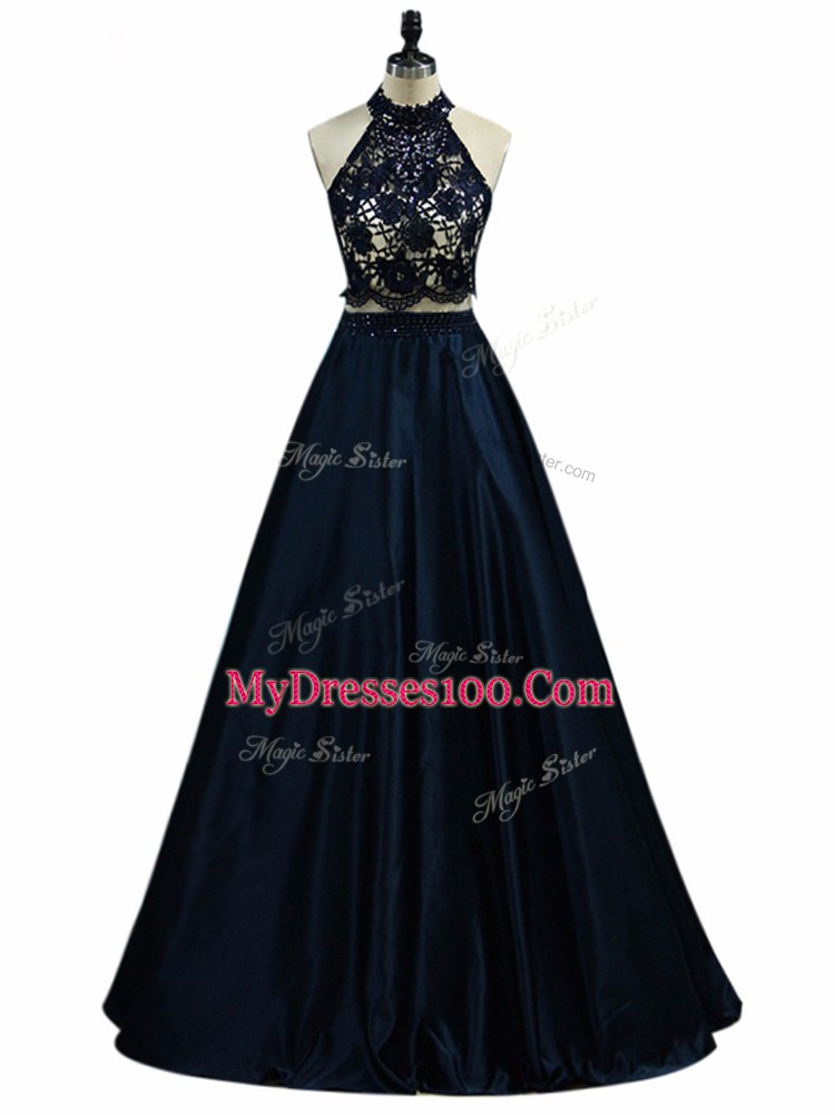 Decent Lace and Appliques Dress for Prom Navy Blue Zipper Sleeveless Floor Length