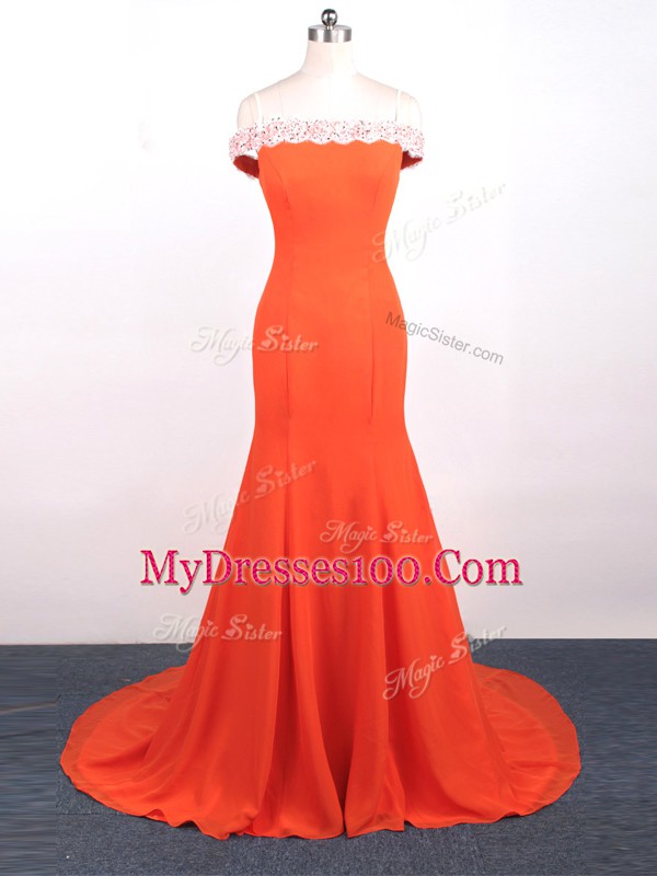 Sleeveless Chiffon Watteau Train Side Zipper Prom Evening Gown in Orange Red with Lace and Appliques