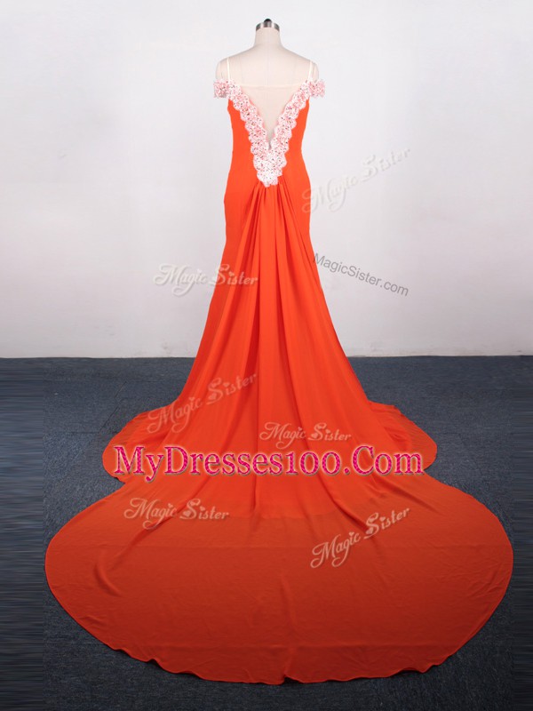 Sleeveless Chiffon Watteau Train Side Zipper Prom Evening Gown in Orange Red with Lace and Appliques