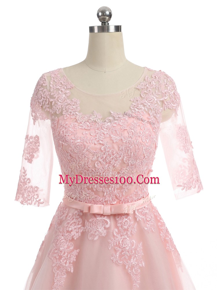 Dynamic Floor Length Pink Prom Dress Organza Short Sleeves Lace and Appliques