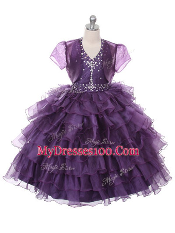 Purple Organza Lace Up Halter Top Sleeveless Floor Length Girls Pageant Dresses Ruffled Layers