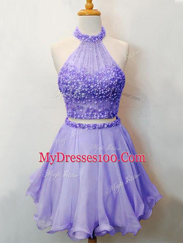 Lavender Lace Up Halter Top Beading Quinceanera Dama Dress Organza Sleeveless