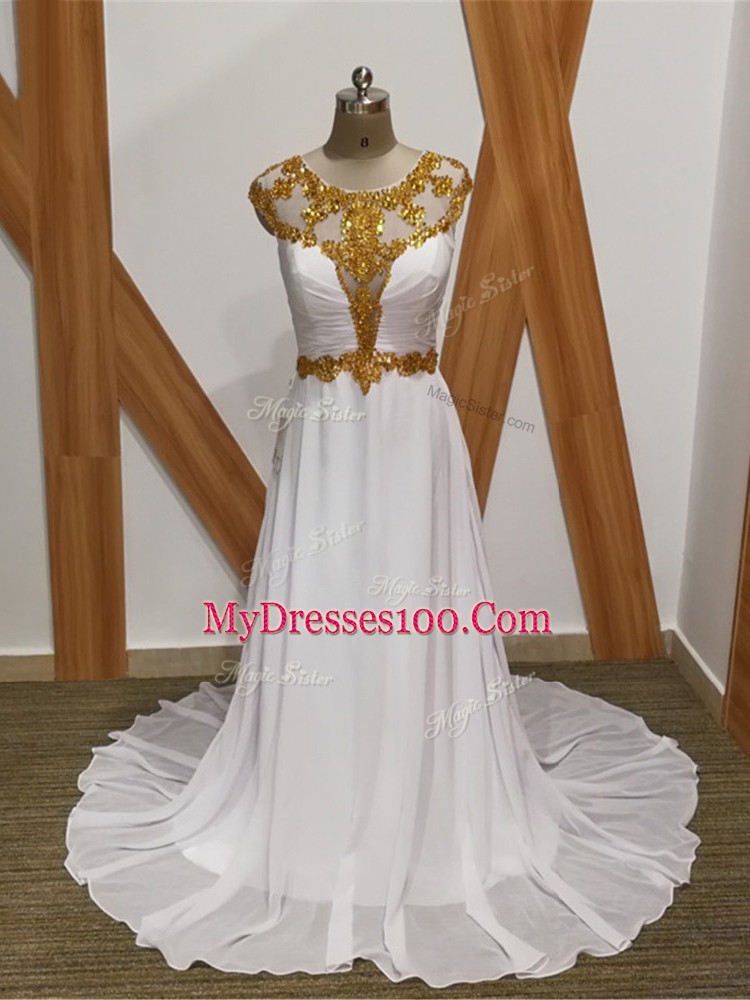 Pretty White Backless Scoop Beading Prom Gown Chiffon Sleeveless Brush Train