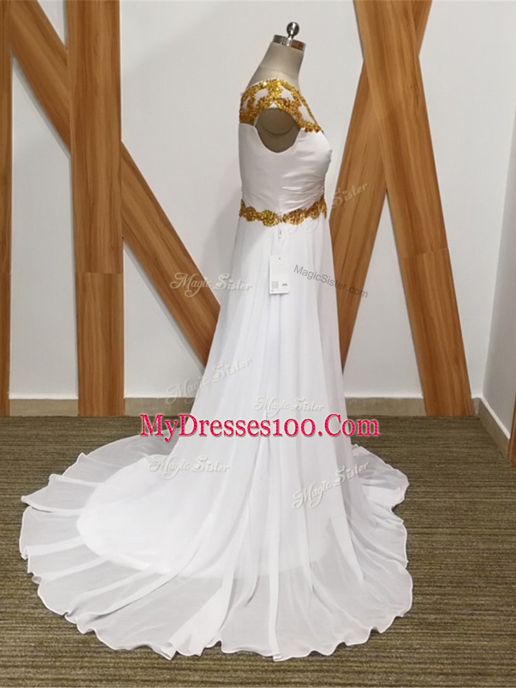 Pretty White Backless Scoop Beading Prom Gown Chiffon Sleeveless Brush Train