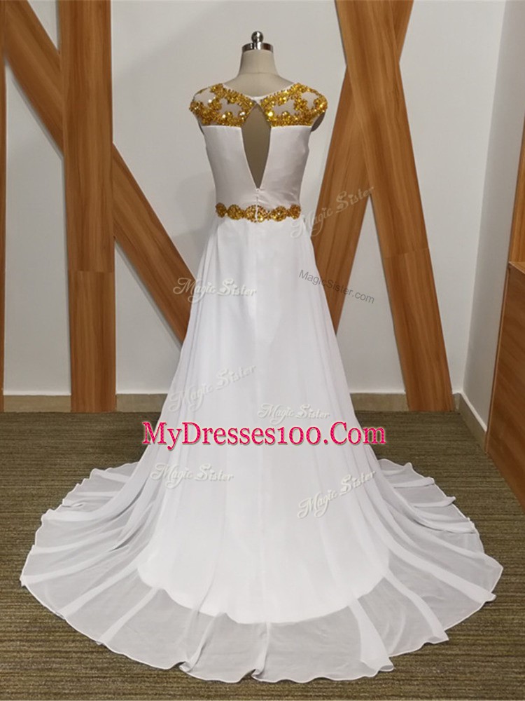 Pretty White Backless Scoop Beading Prom Gown Chiffon Sleeveless Brush Train