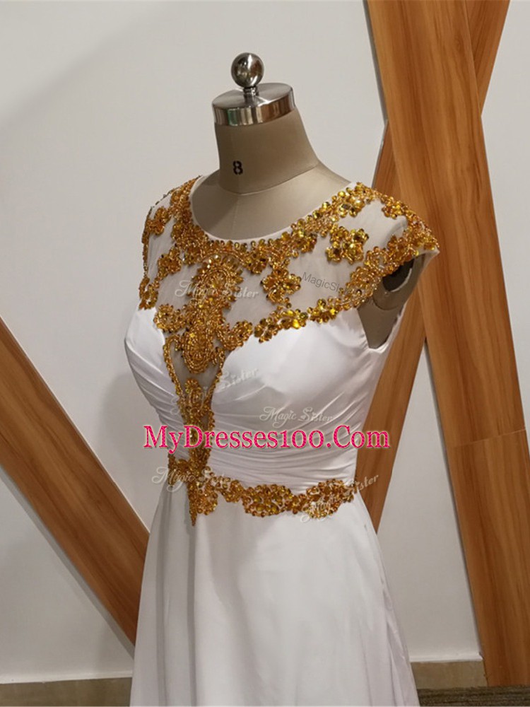 Pretty White Backless Scoop Beading Prom Gown Chiffon Sleeveless Brush Train