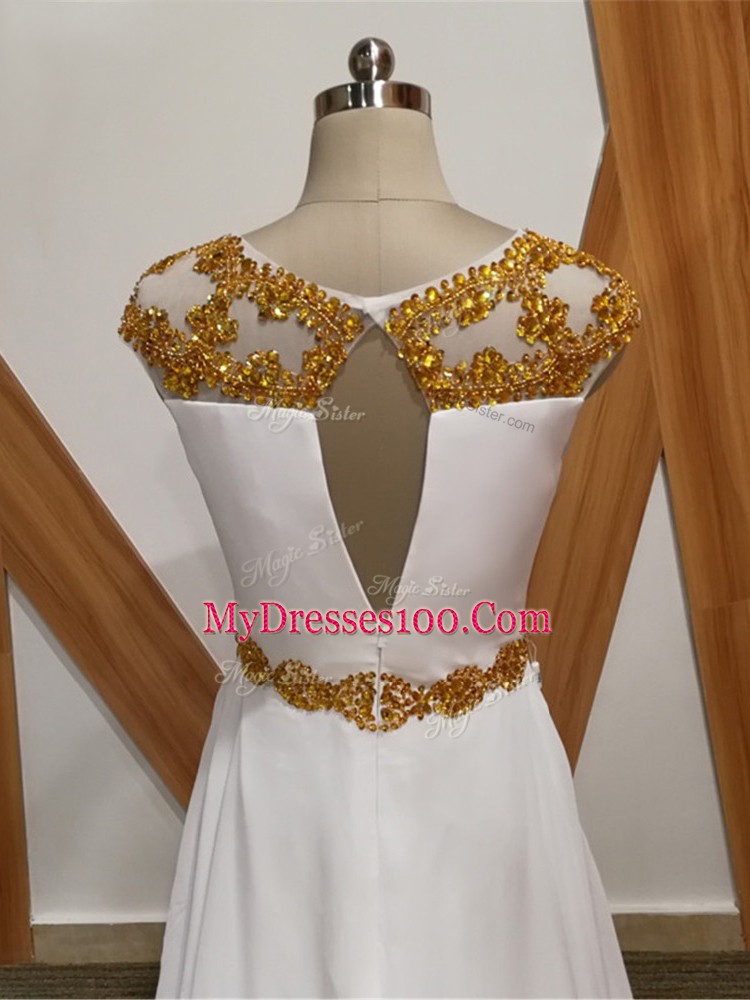 Pretty White Backless Scoop Beading Prom Gown Chiffon Sleeveless Brush Train