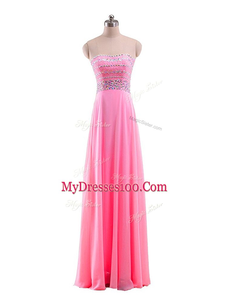 Customized Strapless Sleeveless Zipper Prom Evening Gown Rose Pink Chiffon