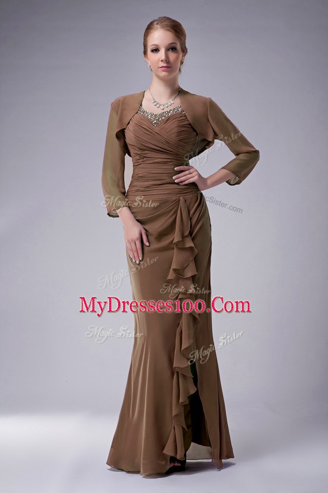 Delicate Brown Mermaid Chiffon Straps Sleeveless Beading Floor Length Zipper Mother Dresses