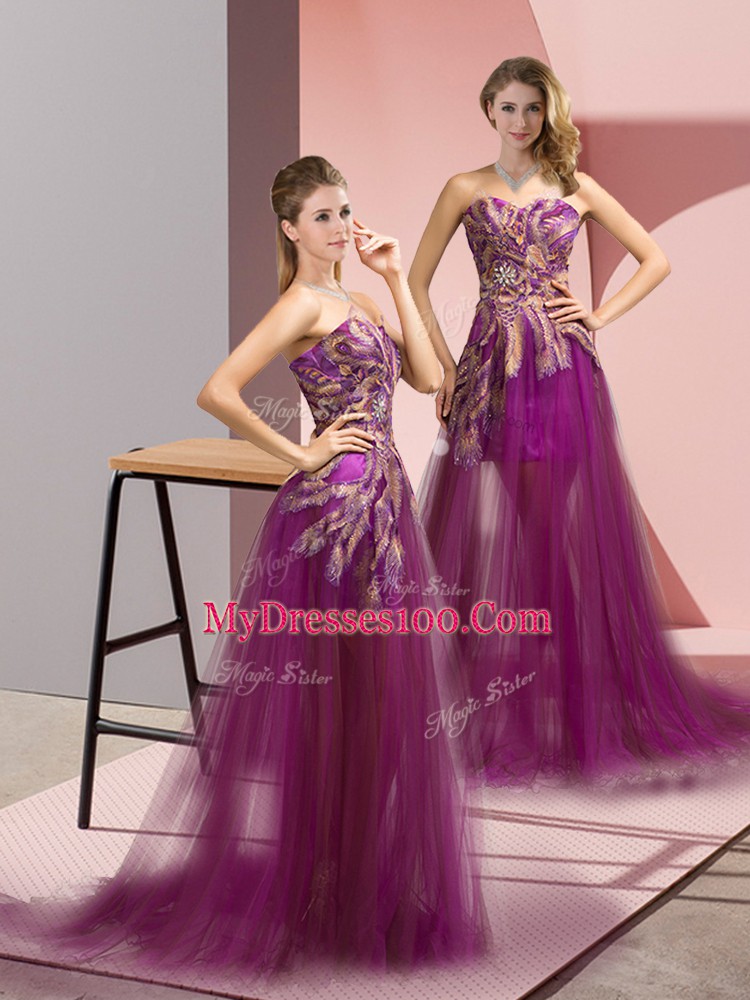 Purple Prom and Party with Appliques Sweetheart Sleeveless Brush Train Zipper
