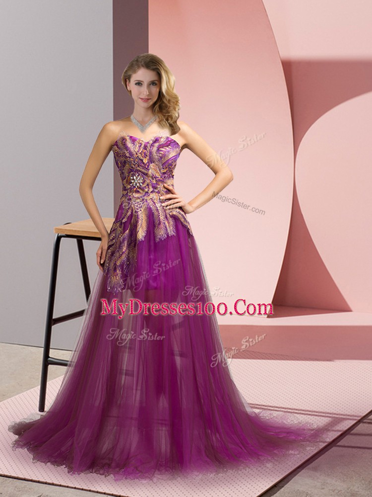 Purple Prom and Party with Appliques Sweetheart Sleeveless Brush Train Zipper