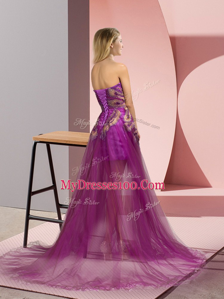 Purple Prom and Party with Appliques Sweetheart Sleeveless Brush Train Zipper